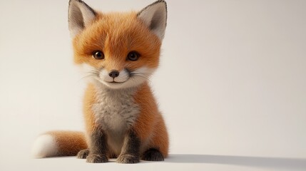 Obraz premium A charming fox cub sitting upright with its fluffy tail visible against a plain white background