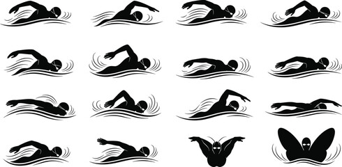 Swimming stroke silhouette set, black vector swimmer poses, freestyle backstroke breaststroke butterfly styles, water motion illustration, competitive swim technique design