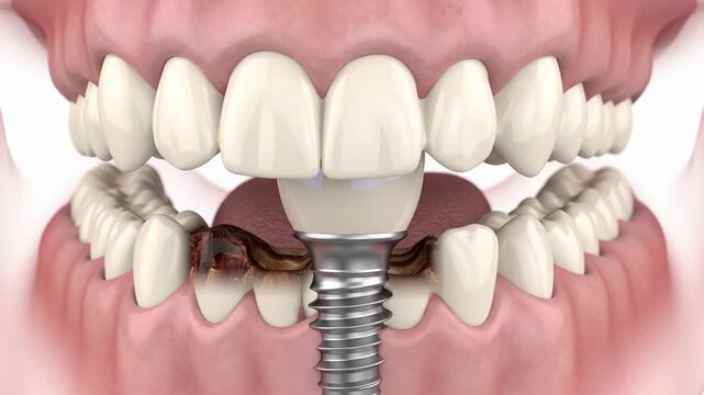 2d animated medical explainer video. Detailed human mandible in sterile white setting, drill creating osteotomy, implant and crown placement. Concept of modern restorative dentistry precision