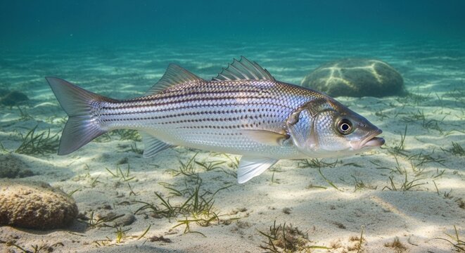 A striped bass fish swimming in clear, shallow water with rocks and algae on the bottom.