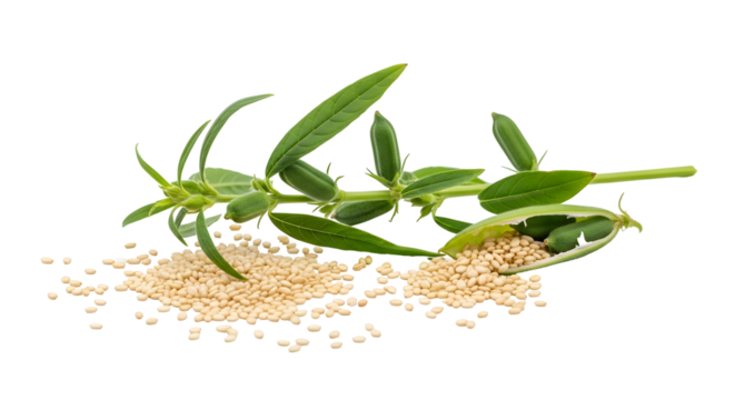 Sesame plant with seeds and green leaves isolated on transparent background for healthy eating and cooking