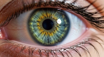 Fototapeta premium A close-up of a human eye with green and yellow irises, surrounded by eyelashes and skin.