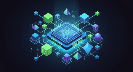 A futuristic, digital chip with a blue and green color scheme, surrounded by various geometric shapes and a dark background.