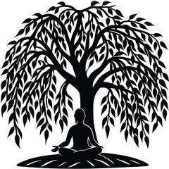 Black silhouette of a willow tree with long hanging branches. Ideal for nature and wellness designs, meditation themes, poetic artwork, eco branding, minimalist logos, and calm landscape illustrations © Evgenia