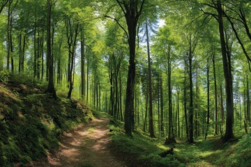 Fototapeta premium Sunlit Forest Path Through Green Deciduous Trees on Sunny Day