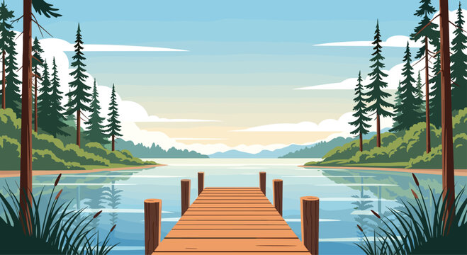 Stunning lake view from wooden pier surrounded by lush trees and gentle mountains at sunset perfect for travel and nature content