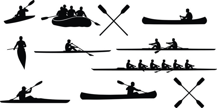 Water sports silhouette set, kayaking canoeing rowing vector, black icon collection, paddling technique illustration, outdoor activity graphic, sport motion design