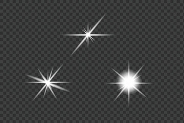 Vector art of collection of bright starbursts and light effects on dark background
