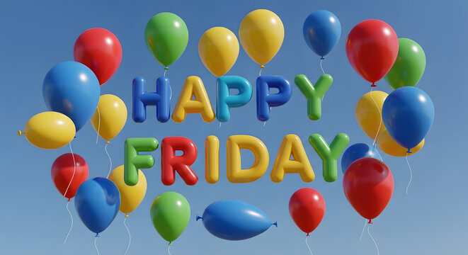 Happy Friday Celebration with Colorful Balloons in Blue Sky - Powered by Adobe
