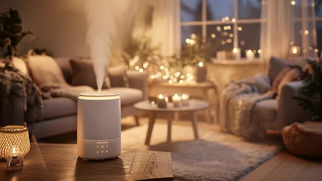 Aromatherapy diffuser releases mist in cozy living room, camera pans to reveal ambiance