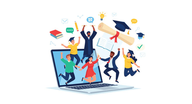 Celebrate graduation success together online with a diverse group, jumping out of a laptop screen with caps and diplomas for a bright future