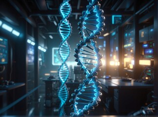 A glowing blue DNA double helix stands prominently in a futuristic, high-tech laboratory filled with illuminated screens and advanced equipment, symbolizing cutting-edge genetic research.