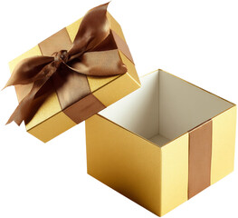 open gold gift box with brown ribbon on white background.