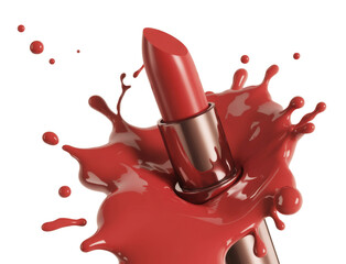 red lipstick with paint splash on white background.