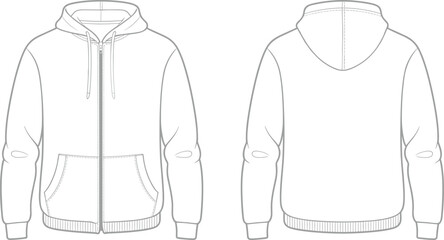 Blank hoodie sweatshirt front and back view, zip up hooded jacket template, fashion mockup, clothing design vector, apparel illustration outline