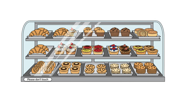 Bakery display case filled with various pastries and desserts  