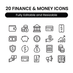 20 Finance & Money Icons Set — Wallet, Coin, Bank & Payment Vector Icon Pack