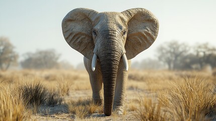 A frontal view of an elephant walking through a grassy field on a sunny day in africa plains