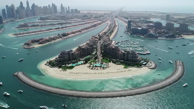 Extreme wide aerial video of Palm Jumeirah in Dubai, showcasing its iconic palm tree shape, surrounded by turquoise ocean, luxury boats, and brilliant daylight. Premier travel destination concept