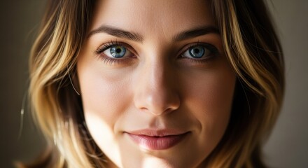 Obraz premium A woman with blonde hair, wearing a white top, looking directly at the camera with a neutral expression.