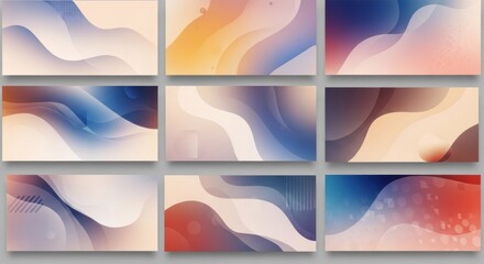 Fototapeta premium A set of nine abstract, colorful, wavy, geometric shapes arranged in a 3x3 grid on a white background.