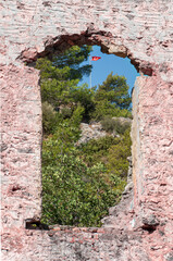 Fototapeta premium Fethiye Kayaköy stone houses and ruins. Mugla, Turkey. Kayakoy ghost village. Turkey's abandoned houses. The Ghost Town of Kayakoy. Abandoned religious ghost city.