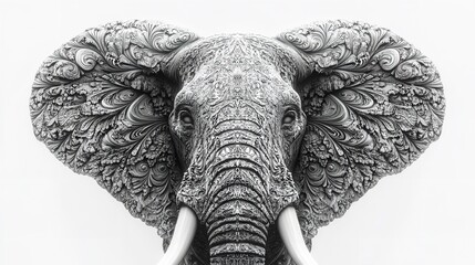 Ornate elephant head with detailed carvings and large tusks against a bright white background