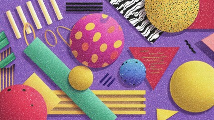 Abstract Composition of Geometric Shapes with Glitter Texture on Purple Background in High Angle View