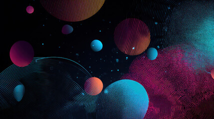 Abstract gradient background with vibrant blue, pink, and orange spheres, sparkling lined patterns, and bold design creates dynamic, futuristic, and energetic visual effect