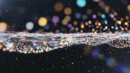 Abstract, glowing particles float in a dark space, with bokeh colored orbs - Powered by Adobe