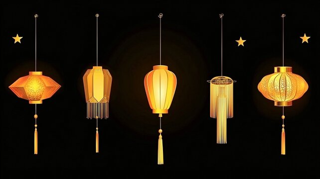 Five Hanging Traditional Lanterns with Stars, Ideal for Mid-Autumn, Spring Festival, Celebration Decor and Cultural Events
