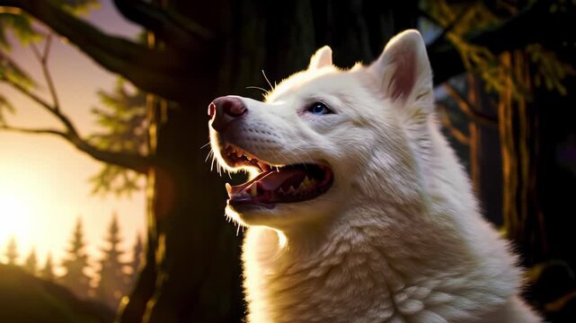 A serene white siberian husky sits peacefully in an ancient forest, intensely backlit by warm golden hour light with an anamorphic flare, highlighting peaceful canine nature.