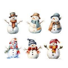 雪だるまの水彩風レトロイラストクリップアートセット