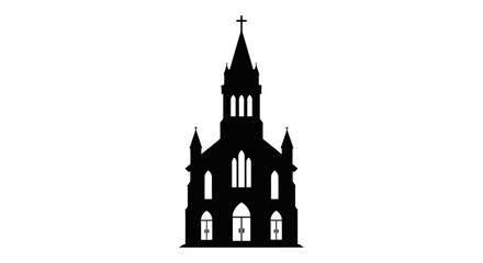 Iconic silhouette of a traditional church steeple against a stark white background.