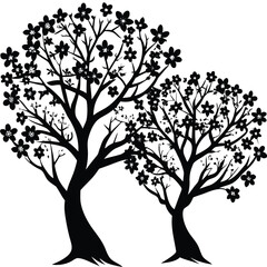 Obraz premium Black silhouette of a cherry blossom tree with delicate branches and flowers. Perfect for spring designs, Japanese themes, nature logos, wellness brands, and minimalist illustrations.