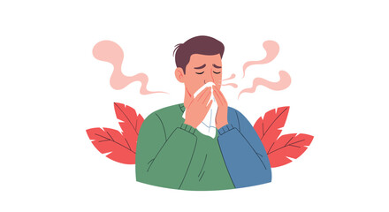 Upset man holding tissue due to allergies or cold with vibrant pink leaves for modern healthcare and medical campaigns about sickness or virus