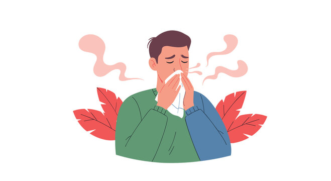 Upset man holding tissue due to allergies or cold with vibrant pink leaves for modern healthcare and medical campaigns about sickness or virus