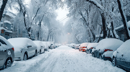 Snowy street with cars covered in snow. The cars are parked in a row along the street. The scene has a peaceful and quiet atmosphere, with the snow covering the ground