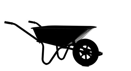 Silhouette of a black wheelbarrow against a stark white background, ready for garden work.