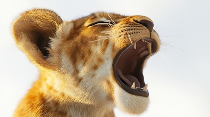 Close up of a lion cub yawning widely with its mouth open showing teeth and fur on white background
