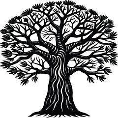 Obraz premium Black silhouette of a maple tree with detailed branches and leaves. Perfect for autumn and fall season designs, eco branding, nature posters, minimalist logos, outdoor illustrations, and botanical art