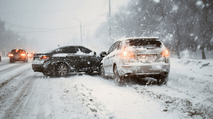 Car accident has occurred on a snowy road. The cars involved are a black sedan and a white hatchback