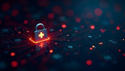 A padlock amidst a network of circuits, illustrating the importance of cybersecurity in the future of healthcare and telehealth