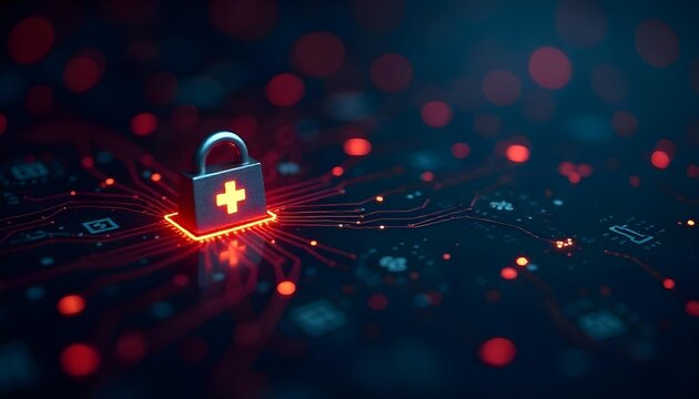 A padlock amidst a network of circuits, illustrating the importance of cybersecurity in the future of healthcare and telehealth
