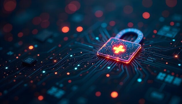 A padlock encircled by electronic circuits, representing the intersection of cybersecurity and digital health technologies
