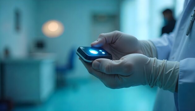 A physician with a remote control in a hospital, representing advancements in telehealth and digital medical technology