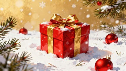Festive red gift box surrounded by snow and Christmas decorations.