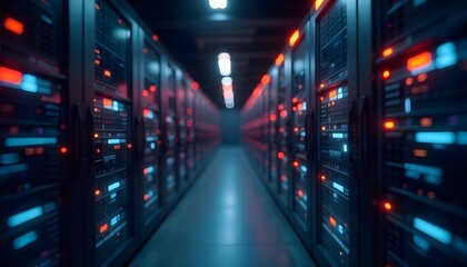 Server racks in a dark data center, highlighting advanced technology for AI and digital transformation in business