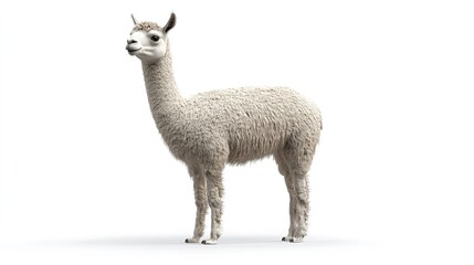 A full body shot of a fluffy white alpaca standing on a white background in a studio setting