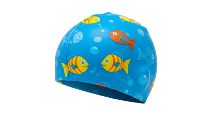 A blue swimming cap with colorful fish patterns isolated on transparent background, perfect for kids and adults who love swimming and want to add some fun to their gear